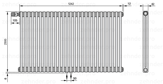 Схема (чертеж) Радиатор Zehnder Charleston 2250/27 №V007 Белый глянцевый RAL 9016